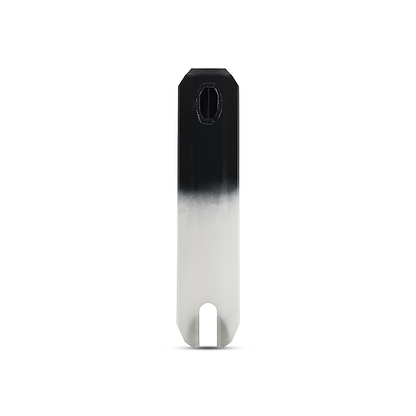 The Legacy Fade Black / Grey Stunt Scooter Starter Bundle by Legacy features a rectangular metal object with a black-to-white gradient, a small hexagonal hole near the top, and a U-shaped notch at the bottom. Shown on a plain white background.