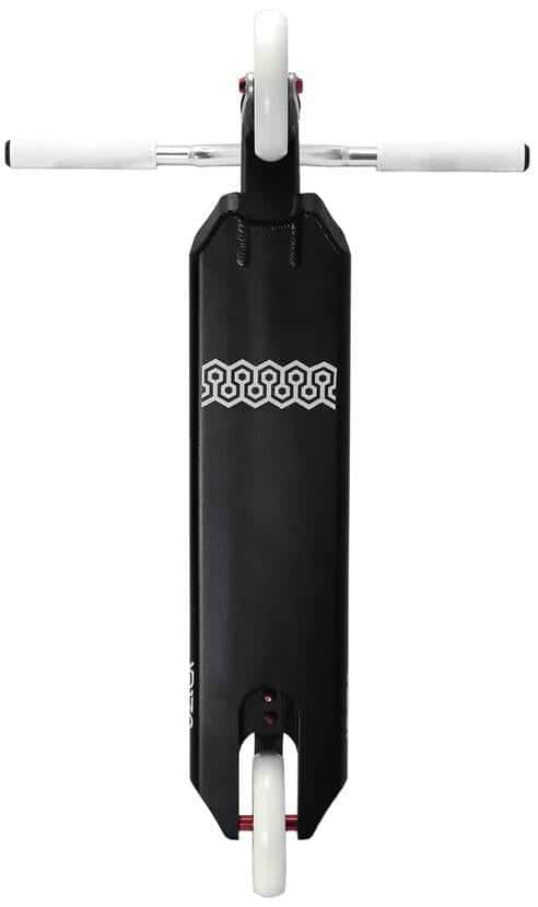Top view of the Aztek Corsa Complete Stunt Scooter in black by Aztek, featuring white handlebars, wheels, and a geometric deck pattern—this lightweight scooter is ideal for performing tricks at the skatepark.