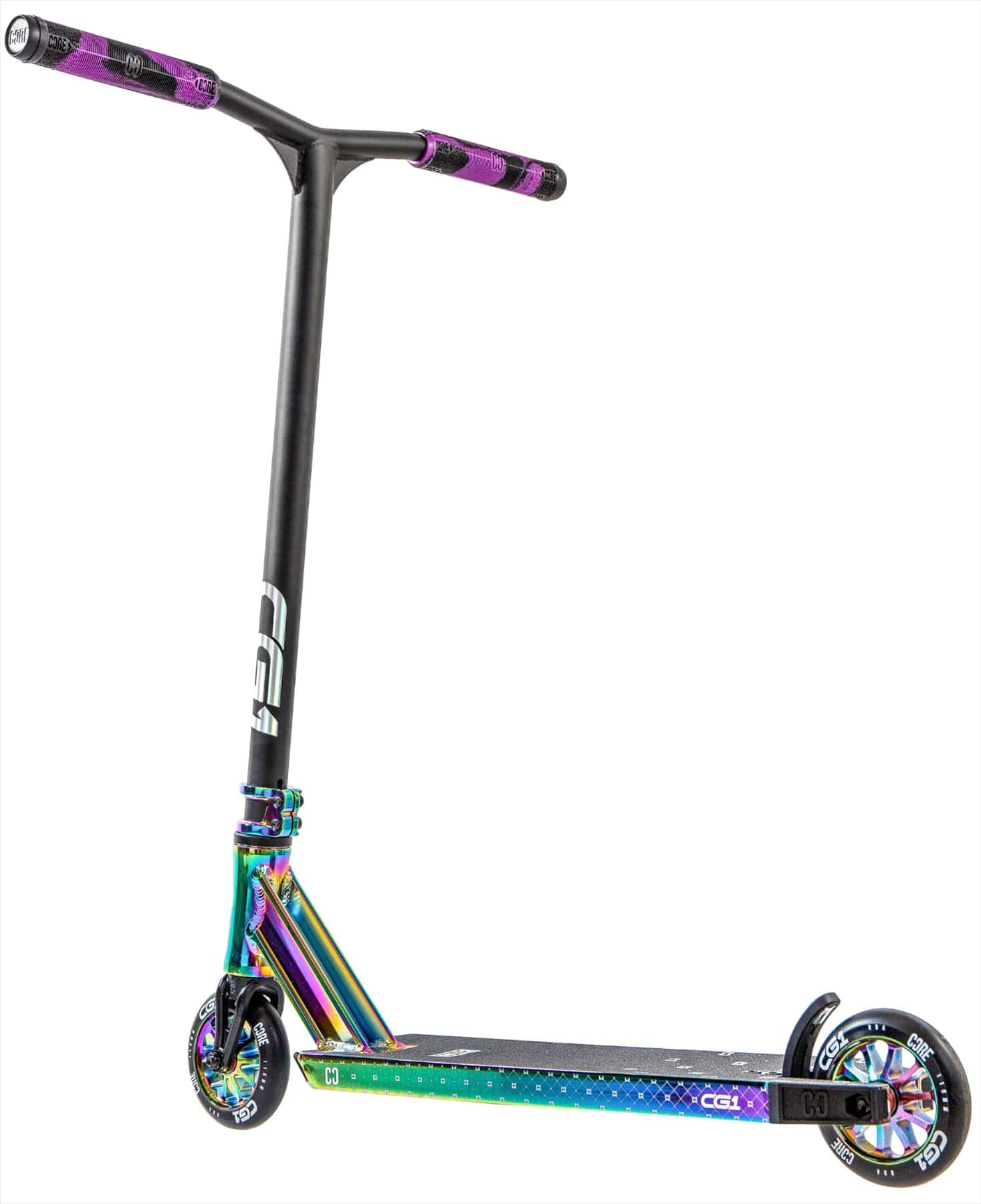 The CORE CG1 Complete Stunt Scooter by CORE features a black handlebar and vibrant neochrome deck and wheels, shown angled to highlight its colorful metallic details and sleek design.