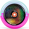 The Madd Gear MFX Corrupt Core 120mm Stunt Scooter Wheel in pink and teal features a vibrant geometric design, "MGP Action Sports" branding, and is perfect for stunt scooters.