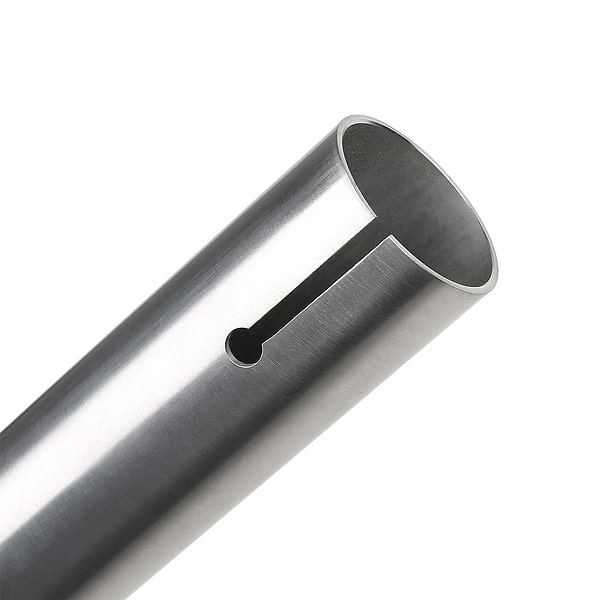 A close-up of a metallic cylindrical tube featuring a smooth surface and a vertical slot is reminiscent of the polished CORE Apollo V2 Titanium Oversized HIC Stunt Scooter Bars. This silver tube boasts an element of sophistication in its design, echoing the style and finish found in the 680mm x 630mm raw scooter bars by CORE.