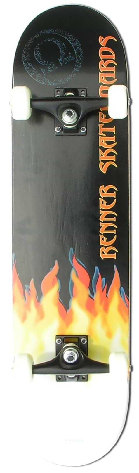 The Renner A13 Flame Complete Skateboard (7.75" x 31") features a maple deck with black finish, red and yellow flames underneath, orange "RENNER" lettering, white wheels, and silver trucks—perfect for beginners.