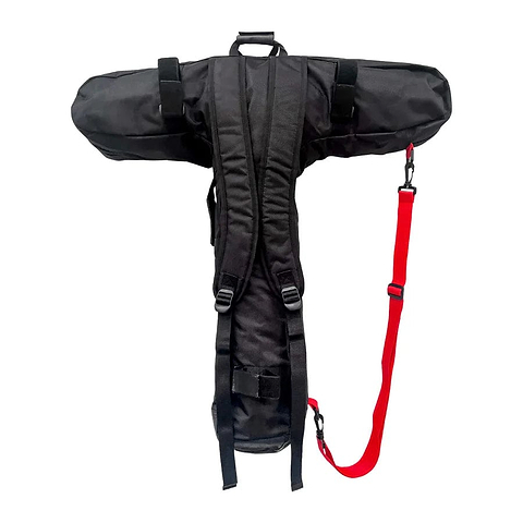 CORE Scooter Travel Bag - Black, designed by CORE, features a T-shaped design with adjustable straps and buckles. A red leash clip is attached on one side for convenience. This water-resistant bag ensures durability and safety during travel activities.