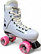The Supreme Turbo 33 Nylon Quad Roller Skates feature a white high-top design, pink swirl wheels, black toe stop, white laces, and "SUPREME" branding on the side, shown against a white background.