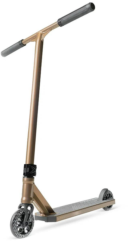 The Madd Gear Viral KAOS Complete Stunt Scooter - Ash features black grips, cutout black wheels, and a textured deck, shown on a white background. Brand: Madd Gear (MGP).
