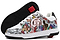 The Breezy Rollers Groovy Shoes - Cartoon feature white uppers with colorful graffiti-style cartoon graphics, black soles, and signature red wheels. One shoe stands upright while the other is tilted to reveal the patented wheel system.
