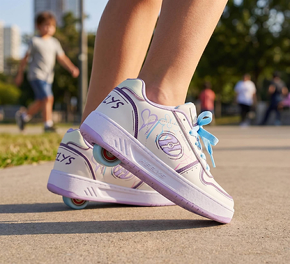 A person stands on a paved path wearing Heelys Kama Colour Changing Girls Shoes in white, lilac, and blue; wheels are visible in the soles. These standout Heelys roller shoes for kids are set against a blurred park background with people and trees.