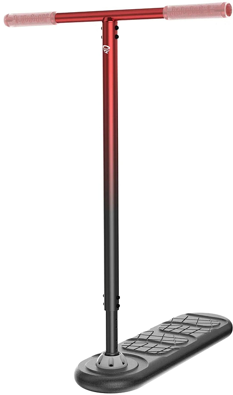 The INDO Fusion Indoor Trampoline Scooter in Tornado Red/Black features a T-shaped handlebar, textured foot platform, and Ball Head Bearing System, perfect for jumping, balance exercises, and advanced tricks.