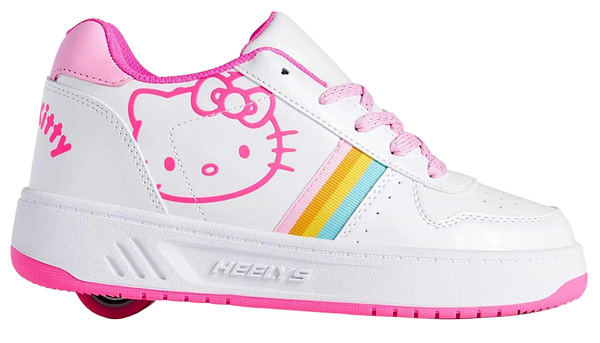 The Heelys x Hello Kitty Kama Girls Shoes by Heelys feature a white and pink design, rainbow stripes, pink laces, ABEC 5 wheel in the heel, pink Hello Kitty graphic, embossed "Heelys" sole, and celebrate Sanrio friends.
