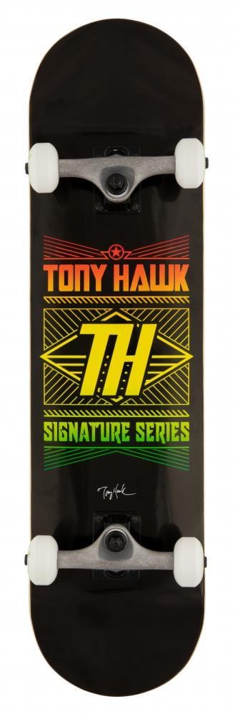 The Tony Hawk SS 180+ Stacked Logo Black Complete Skateboard (8" x 31.5") features a colorful geometric design, white wheels, and the "Tony Hawk Signature Series" deck—ideal for beginner riders.