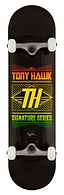 The Tony Hawk SS 180+ Stacked Logo Black Complete Skateboard (8" x 31.5") features a colorful geometric design, white wheels, and the "Tony Hawk Signature Series" deck—ideal for beginner riders.