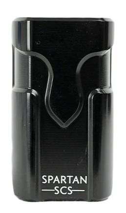 The Supremacy Spartan 4 Bolt Oversized SCS Stunt Scooter Clamp in gloss black, made from high-quality aluminium, features a streamlined design with a curved, ergonomic shape. It showcases "SPARTAN SCS" in white at the base and comes with sturdy bolts for a secure fit, seamlessly blending style and performance.