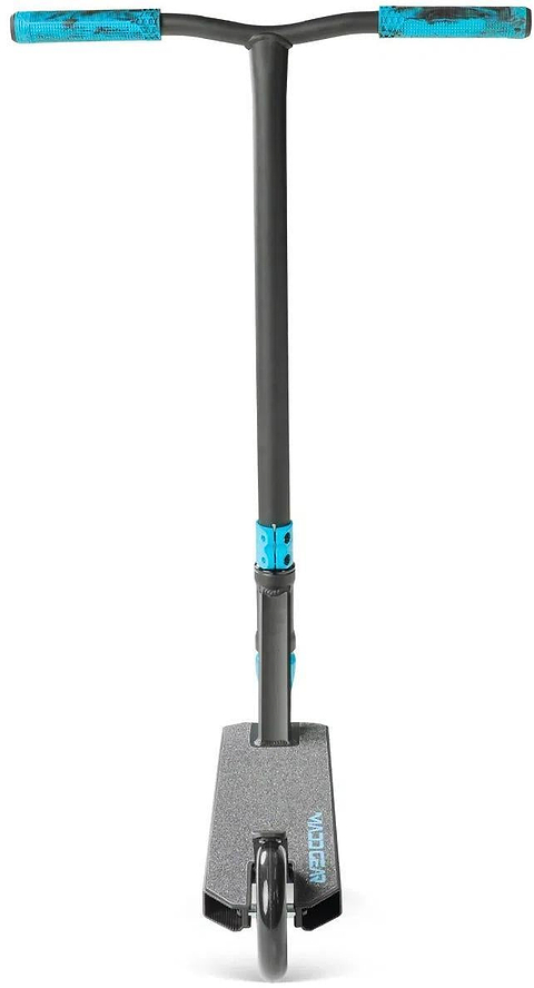 The Madd Gear (MGP) Viral Rave Complete Stunt Scooter - Velocity is shown upright with a black frame, blue handlebar grips, and a textured foot deck—ideal for kids who want a stunt scooter perfect for tricks and fun.
