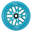 The Blunt Envy Delux 120mm Stunt Scooter Wheel - Blue showcases a vibrant blue color with a metallic core made from anodized aluminum and a radial spoke design. Both the outer rim and core are embossed with "Delux." Crafted from durable polyurethane, this premium wheel has dimensions of 120mm x 26mm marked on it.