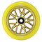 The Blunt Envy Delux 120mm Stunt Scooter Wheel in yellow is ready for the skatepark with its gold, intricately designed spoke hub. The brand's name, Blunt Envy, is prominently displayed on the wheel, ideal for riders who value precision and style in their stunt scooter wheels.
