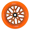 An image showcases the Blunt Envy Delux 120mm Stunt Scooter Wheel in vibrant orange, featuring a bronze metallic hub with intricate spoke designs crafted from anodized aluminum. The brand name "Delux" is elegantly printed in white on the wheel, making it an ideal choice for enthusiasts of stunt scooter wheels.
