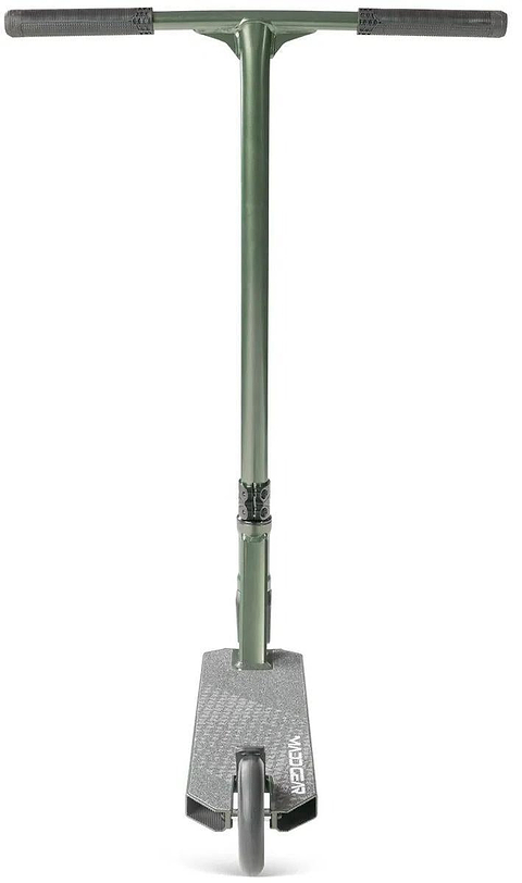 The Madd Gear Viral KAOS Complete Stunt Scooter - Forest features a durable metal pole in green, ideal for stunt progression and fully compatible with Madd Gear (MGP) scooter setups.