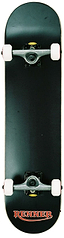 The Renner Pro Series Black Complete Skateboard - 7.75" x 31", by Renner, boasts a sleek black design complemented by white wheels and metal trucks. Its deck is crafted from premium Canadian Maple, proudly displaying the "RENNER" logo in striking red and orange lettering. Photographed from a top view against a white backdrop, this skateboard is designed for speed with its ABEC 9 bearings.