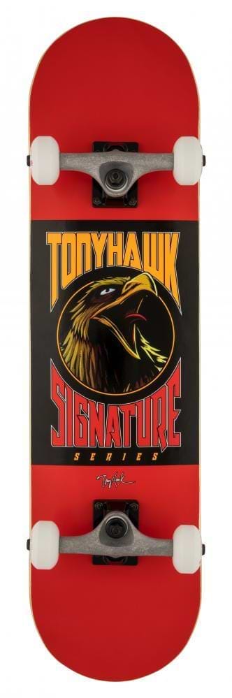 The Tony Hawk SS 180+ Bird Logo Red Complete Skateboard (8" x 31.5") features a bold eagle graphic, white wheels, and signature branding—ideal for beginners and made by Tony Hawk.