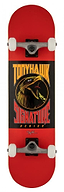 The Tony Hawk SS 180+ Bird Logo Red Complete Skateboard (8" x 31.5") features a bold eagle graphic, white wheels, and signature branding—ideal for beginners and made by Tony Hawk.