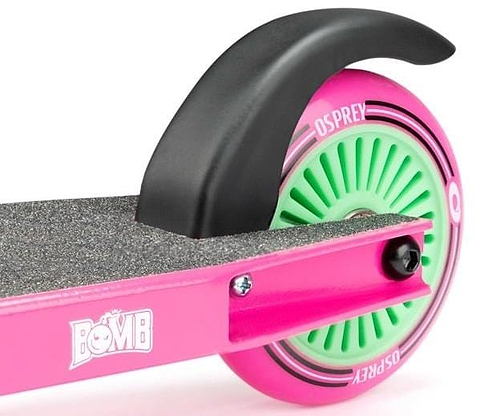 Close-up of the Osprey Bomb Complete Stunt Scooter - Pink/Green’s rear wheel with green spokes, black fender, grip-taped deck, and "OSPREY" branding—perfect for entry-level riders.