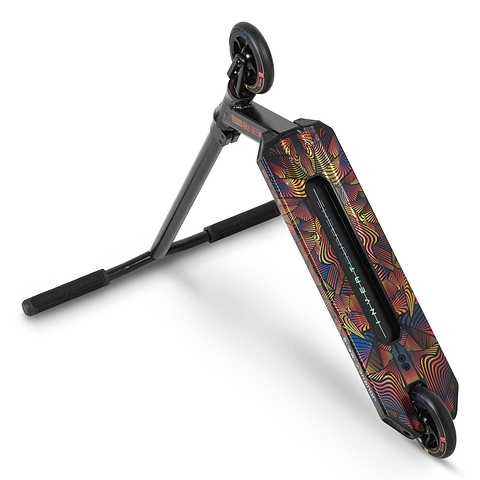 The Invert Supreme Journey 2.5 Jamie Hull Stunt Scooter - Berserk features a black frame, handlebars, and wheels, plus a deck with a colorful geometric pattern. Ideal for intermediate riders from Invert. Shown upside down for detail.