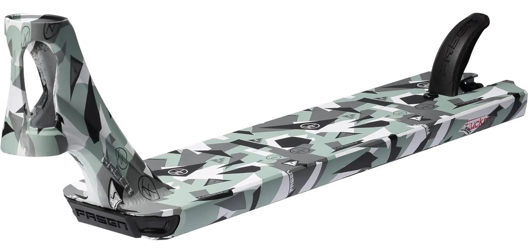 The Fasen Team Edy Fluckinger Stunt Scooter Deck – 4.7" x 20" features a geometric camouflage pattern in green, gray, black, and white, with a built-in rear wheel guard, matte finish, and angular design details.