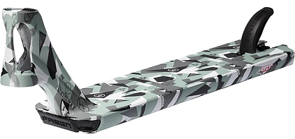 The Fasen Team Edy Fluckinger Stunt Scooter Deck – 4.7" x 20" features a geometric camouflage pattern in green, gray, black, and white, with a built-in rear wheel guard, matte finish, and angular design details.