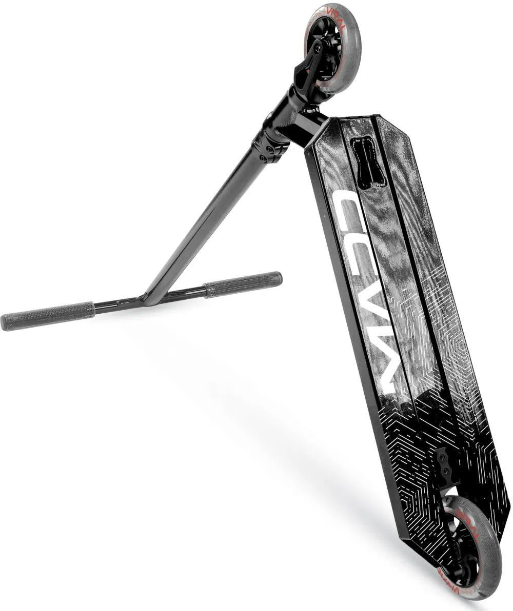 The Madd Gear Viral Extreme Complete Stunt Scooter - Black Shadow by MGP is perfect for skatepark sessions and pro-level performance, featuring a sturdy handlebar and sleek black design.