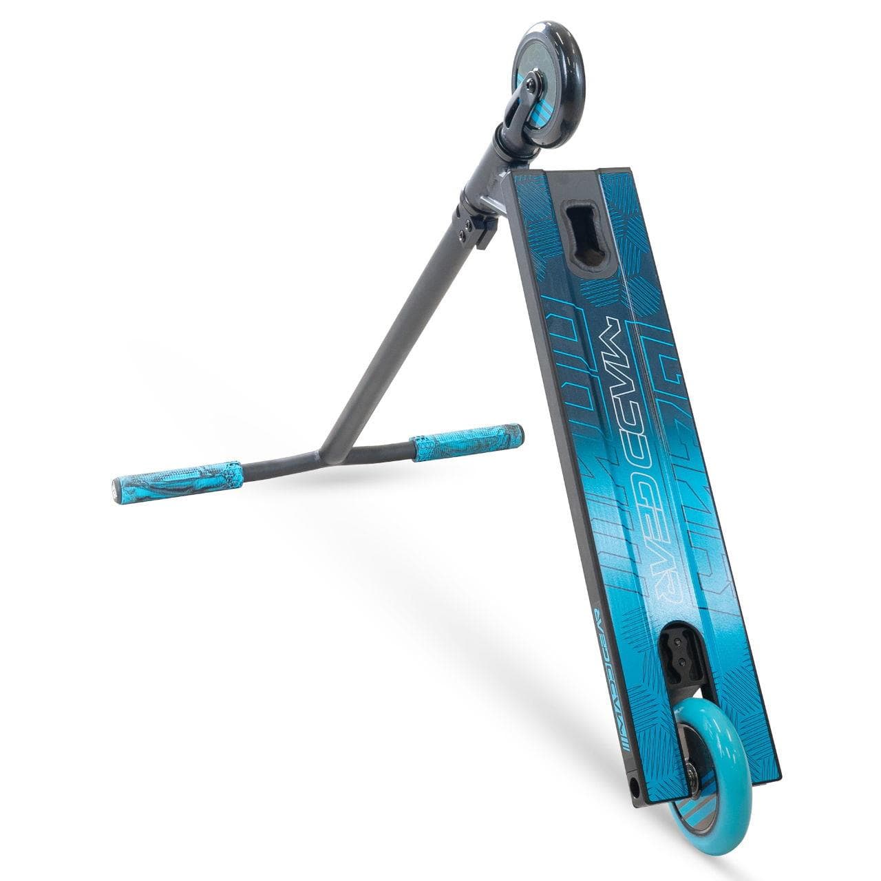 The Madd Gear (MGP) MG 3 Zen Complete Stunt Scooter in Black/Blue features blue grips and wheels, a durable one-piece steel T-bar handlebar for lightweight handling, plus geometric patterns and the Madd Gear logo.