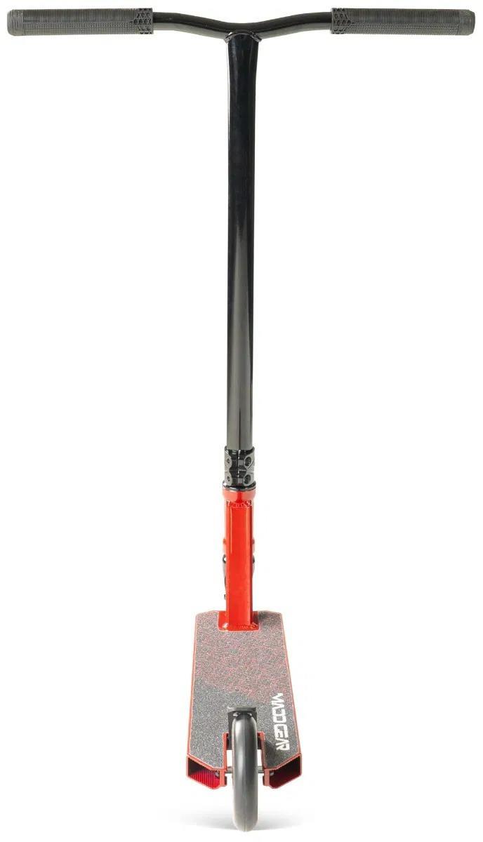 Front view of the Madd Gear (MGP) Viral Purge Complete Stunt Scooter - Cherry, featuring black handlebars, a black and red frame, single front wheel, and a grippy deck with "Madd" branding—ideal for eye-catching skatepark tricks.