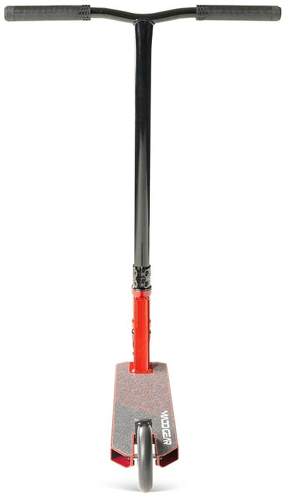 Front view of the Madd Gear (MGP) Viral Purge Complete Stunt Scooter - Cherry, featuring black handlebars, a black and red frame, single front wheel, and a grippy deck with "Madd" branding—ideal for eye-catching skatepark tricks.