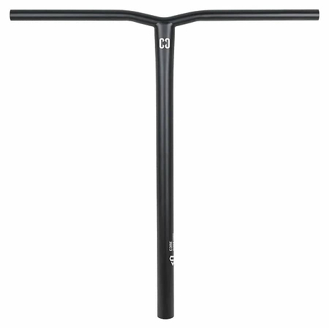 The CORE Apollo Super Steel Oversized SCS Stunt Scooter Bars in black measure 630mm x 610mm and are crafted from Chromoly 4130. The smooth, T-shaped handlebar features a sleek and minimalistic design with the CORE brand logo near the top center, making it an ideal choice for stunt scooter enthusiasts who value both durability and style.
