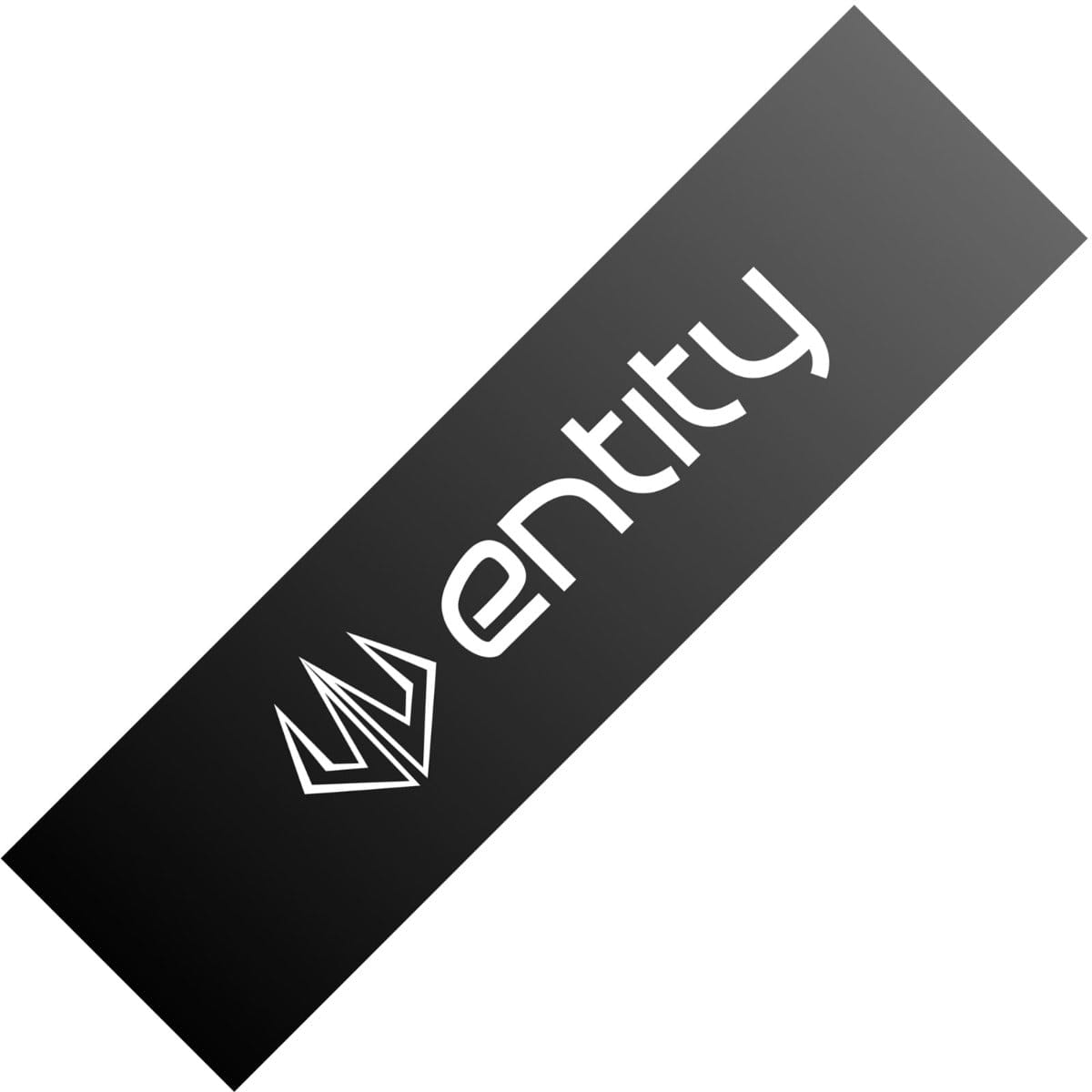 This black rectangular sticker showcases the word "Entity" in white lowercase letters alongside a stylized geometric logo that resembles a crown or wings on the left. Ideal for enhancing your scooter deck griptape, this Entity Fade Logo Stunt Scooter Griptape decal is displayed diagonally.
