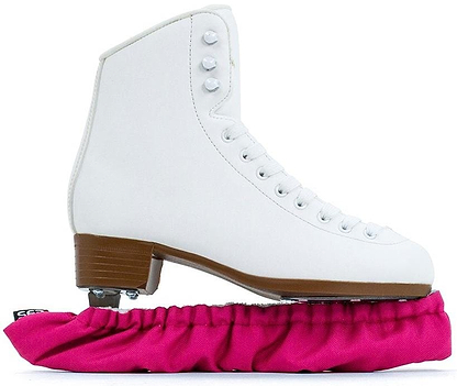 A white ice skate with a brown sole and heel sits on SFR Ice Skate Blade Soakers in pink. The microfiber blade cover offers moisture protection. It features white laces, metal blade holders, and a classic design.