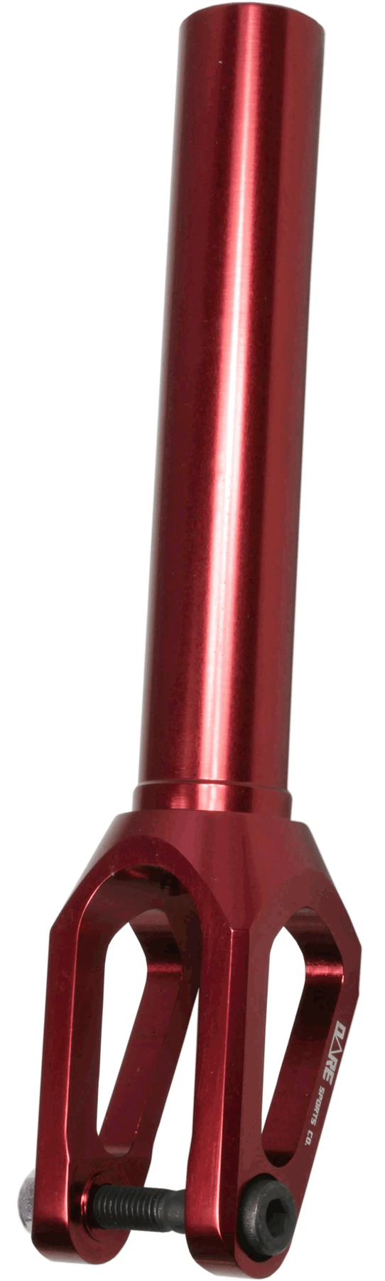The Dare Dimension IHC Stunt Scooter Forks by Dare feature a CNC-machined red aluminum design with a cylindrical top tube, an open forked base, and are secured by a bottom bolt.