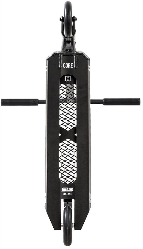 The image shows a CORE SL3 Complete Stunt Scooter in black, viewed from above. It features a rectangular deck with grid-patterned cutouts, two wheels, sideways handlebar grips, and the CORE brand name and model on the deck.