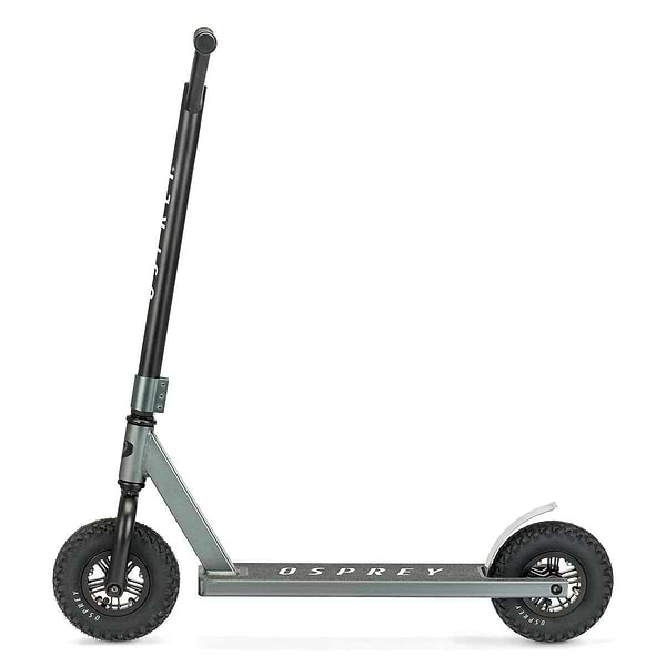 The Osprey Complete Dirt Scooter in Gun Metal Grey features large, rugged tires and a sturdy aluminium deck, built for off-road impacts. Shown side-on against a white background, it displays the "OSPREY" logo.