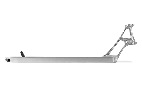 The Ethic DTC Pandemonium V2 Boxed Raw Stunt Scooter Deck (5.5" x 21.3") by Ethic is shown in side profile, featuring a minimalist open-frame neck and integrated brake—one of the lightest decks made from 6061-T6 aluminium.