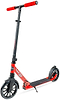 The Madd Gear Metro Cruise 250 Foldable Commuter Scooter by MGP features large wheels, a textured deck, adjustable black handlebar with red grips, and a sleek black/red design. Stands upright on a white background.