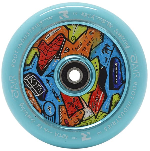 The Root Industries x KOTA Limited Edition AIR 110mm Stunt Scooter Wheel in blue features a colorful, abstract geometric center with "spin to win" and "KOTA," offering unique style and durability for riders.