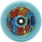 The Root Industries x KOTA Limited Edition AIR 110mm Stunt Scooter Wheel in blue features a colorful, abstract geometric center with "spin to win" and "KOTA," offering unique style and durability for riders.