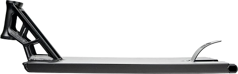 The Supremacy Spartan Black Stunt Scooter Deck - 5.5" x 20.5" boasts a boxed design with a sleek black finish, featuring an open triangular support structure near the neck and a subtle upward curve at the rear. This flat, smooth deck is expertly crafted for stunts and tricks, making it perfect for street riding.