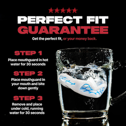 The Safejawz Nitro Series Protection Mouthguard - White / Blue is shown in a glass of water with fitting instructions: heat in hot water 30 seconds, bite down, then cool under running water. Headline: "Perfect Fit Guarantee.