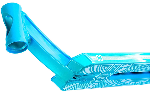Close-up of the CORE CL1 Teal "Turtlesent" Stunt Scooter Deck (5" x 19") by CORE, showcasing its white geometric patterns and curved neck from an angle that highlights the underside and side of this park scooter deck.