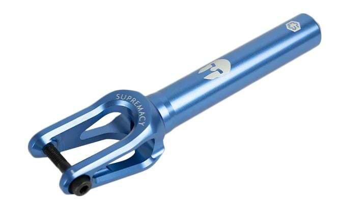 The Supremacy Spartan SCS/HIC Stunt Scooter Fork, made from CNC-milled aluminum, features a sleek design with the "SUPREMACY" engraving. This blue metal fork is known for its lightweight performance and smooth finish, making it an excellent choice for scooter enthusiasts.