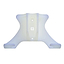 The CORE Scooter Wall & Floor Stand - Clear from CORE is a white plastic wall mount bracket featuring a symmetrical design with two screw holes for easy installation. Its smooth surface makes it ideal for securely supporting your scooter when not in use, and it includes a subtle logo or design element in the center for an added touch of elegance.
