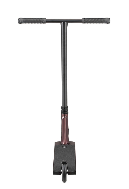 Front view of a Blunt Envy Colt S6 Complete Stunt Scooter in bronze featuring a T-shaped handlebar. The deck is black with the front wheel visible. Chromoly Tension bars and textured hand grips provide a secure hold, making this sleek design perfect for hybrid style riding, combining aesthetics with functionality.