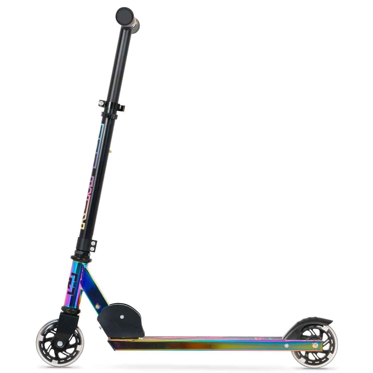 The Rampage Light Up Foldable Kick Scooter in Neochrome/Black features black handlebars, adjustable bars, LED wheels, and a rear fender brake. Shown from the side against a white background.