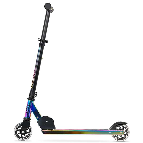The Rampage Light Up Foldable Kick Scooter in Neochrome/Black features black handlebars, adjustable bars, LED wheels, and a rear fender brake. Shown from the side against a white background.
